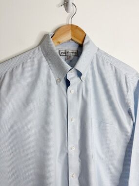 Paul Fredrick White Blue Grid Check Button Down Shirt 16 Large Preppy Workwear